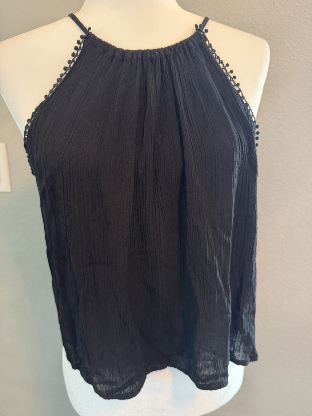 Ambiance Black Solid Halter Tie-Back Sleeveless Woven Rayon/Cotton Cami Small